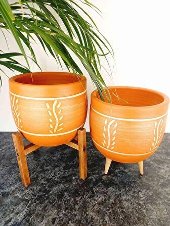 Bitki Tasarımı Ev Dekorasyon Nakış Desenli Toprak Saksı Saksılık Salon Çiçeklik İkili Set 3 Ayaklı- 4 Ayaklı- 19 CM