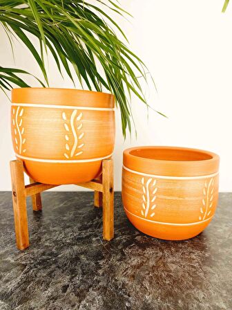 Bitki Tasarımı Ev Dekorasyon Nakış Desenli Toprak Saksı Saksılık Salon Çiçeklik İkili Set Ayaksız - 4 Ayaklı- 19 CM