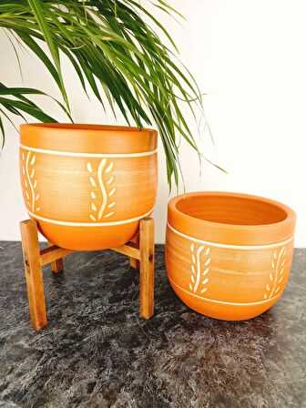 Bitki Tasarımı Ev Dekorasyon Nakış Desenli Toprak Saksı Saksılık Salon Çiçeklik İkili Set Ayaksız - 4 Ayaklı- 19 CM