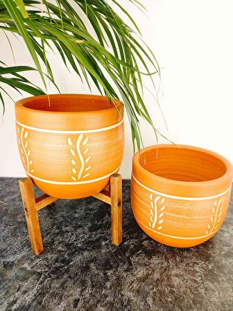 Bitki Tasarımı Ev Dekorasyon Nakış Desenli Toprak Saksı Saksılık Salon Çiçeklik İkili Set Ayaksız - 4 Ayaklı- 19 CM