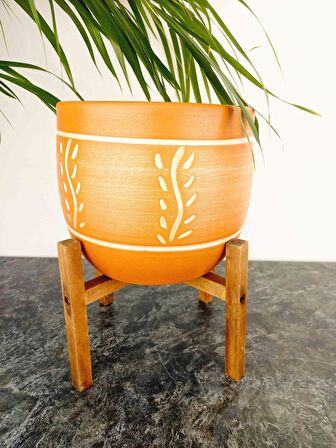 Bitki Tasarımı Ev Dekorasyon Nakış Desenli Toprak Saksı Saksılık Salon Çiçeklik 4 Ayaklı - 19 CM