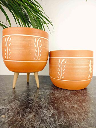 Bitki Tasarımı Ev Dekorasyon Nakış Desenli Toprak Saksı Saksılık Salon Çiçeklik İkili Set Ayaksız - 3 Ayaklı- 19 CM