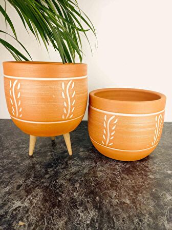 Bitki Tasarımı Ev Dekorasyon Nakış Desenli Toprak Saksı Saksılık Salon Çiçeklik İkili Set Ayaksız - 3 Ayaklı- 19 CM