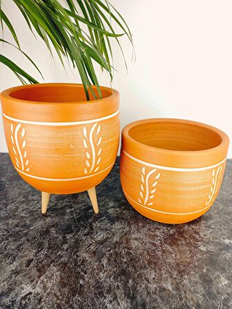 Bitki Tasarımı Ev Dekorasyon Nakış Desenli Toprak Saksı Saksılık Salon Çiçeklik İkili Set Ayaksız - 3 Ayaklı- 19 CM