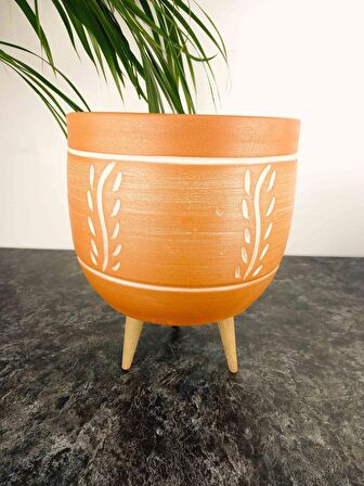 Bitki Tasarımı Ev Dekorasyon Nakış Desenli Toprak Saksı Saksılık Salon Çiçeklik 3 Ayaklı - 19 CM