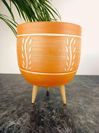 Bitki Tasarımı Ev Dekorasyon Nakış Desenli Toprak Saksı Saksılık Salon Çiçeklik 3 Ayaklı - 19 CM