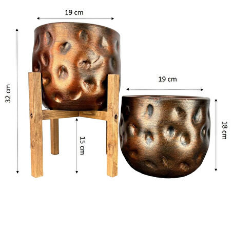 Bitki Tasarımı Ev Dekorasyon Aksesuar Bakır Desenli Toprak Saksı Saksılık Salon Çiçeklik İkili Set Ayaksız-4 Ayaklı 19 CM