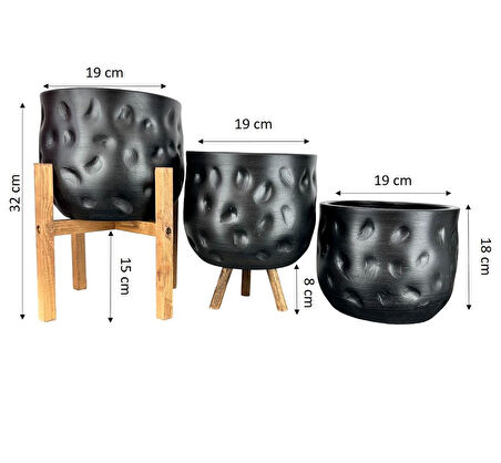 Bitki Tasarımı Ev Dekorasyon Aksesuar Siyah Desenli Toprak Saksı Saksılık Salon Çiçeklik Üçlü Set 19 CM