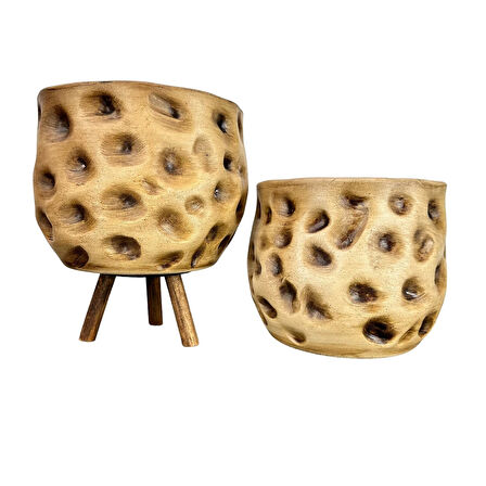 Bitki Tasarımı Ev Dekorasyon Aksesuar Naturel Desenli Toprak Saksı Saksılık Salon Çiçeklik İkili Set Ayaksız - 3 Ayaklı 19 CM