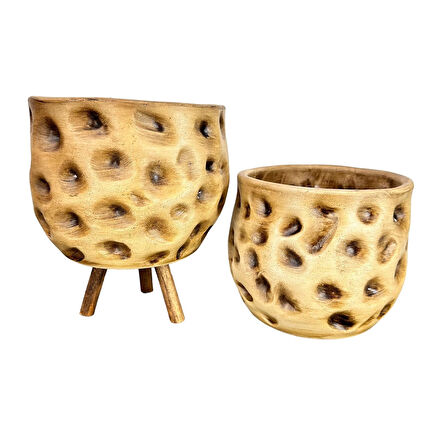 Bitki Tasarımı Ev Dekorasyon Aksesuar Naturel Desenli Toprak Saksı Saksılık Salon Çiçeklik İkili Set Ayaksız - 3 Ayaklı 19 CM