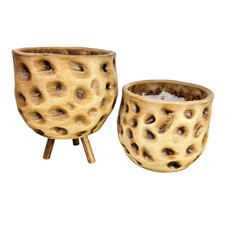 Bitki Tasarımı Ev Dekorasyon Aksesuar Naturel Desenli Toprak Saksı Saksılık Salon Çiçeklik İkili Set Ayaksız - 3 Ayaklı 19 CM