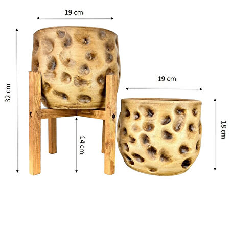 Bitki Tasarımı Ev Dekorasyon Aksesuar Naturel Desenli Toprak Saksı Saksılık Salon Çiçeklik İkili Set 4 Ayaklı - Ayaksız 19 CM
