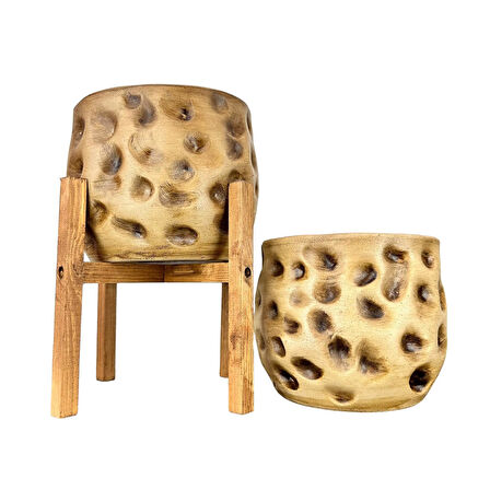 Bitki Tasarımı Ev Dekorasyon Aksesuar Naturel Desenli Toprak Saksı Saksılık Salon Çiçeklik İkili Set 4 Ayaklı - Ayaksız 19 CM