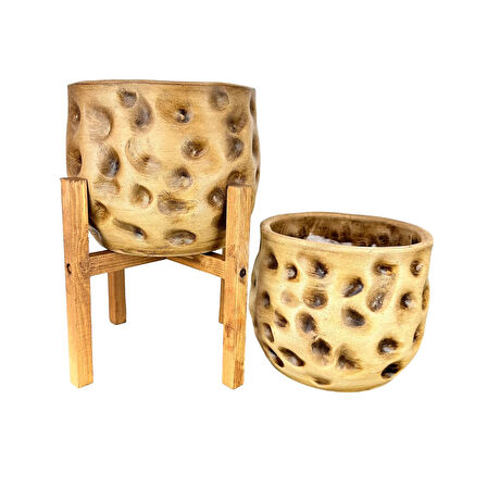 Bitki Tasarımı Ev Dekorasyon Aksesuar Naturel Desenli Toprak Saksı Saksılık Salon Çiçeklik İkili Set 4 Ayaklı - Ayaksız 19 CM