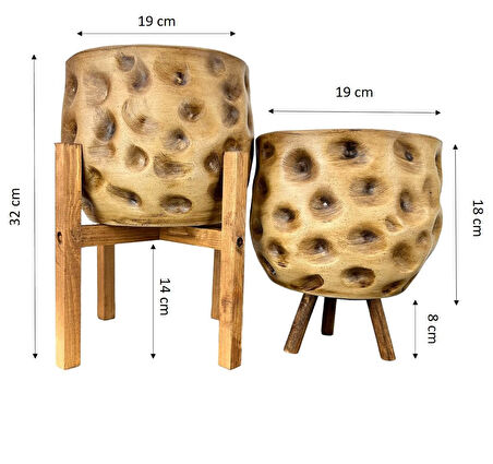 Bitki Tasarımı Ev Dekorasyon Aksesuar Naturel Desenli Toprak Saksı Saksılık Salon Çiçeklik İkili Set 4 Ayaklı - 3 Ayaklı 19 CM