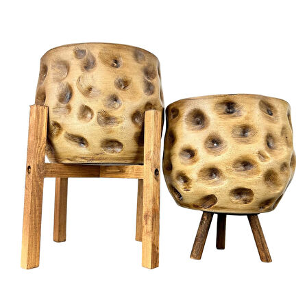 Bitki Tasarımı Ev Dekorasyon Aksesuar Naturel Desenli Toprak Saksı Saksılık Salon Çiçeklik İkili Set 4 Ayaklı - 3 Ayaklı 19 CM