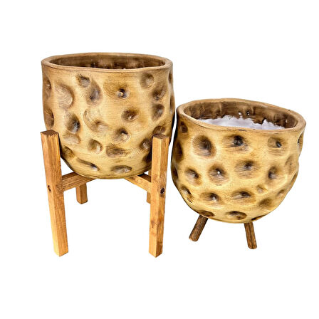 Bitki Tasarımı Ev Dekorasyon Aksesuar Naturel Desenli Toprak Saksı Saksılık Salon Çiçeklik İkili Set 4 Ayaklı - 3 Ayaklı 19 CM