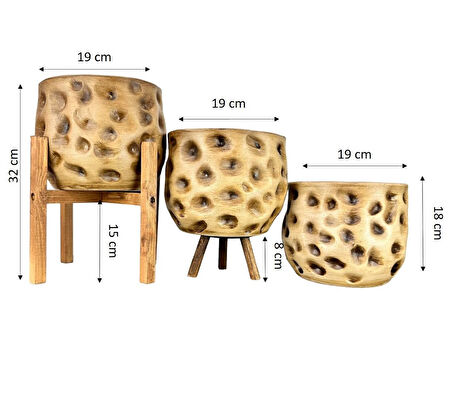 Bitki Tasarımı Ev Dekorasyon Aksesuar Naturel Desenli Toprak Saksı Saksılık Salon Çiçeklik Üçlü Set 19 CM