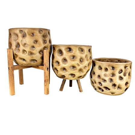 Bitki Tasarımı Ev Dekorasyon Aksesuar Naturel Desenli Toprak Saksı Saksılık Salon Çiçeklik Üçlü Set 19 CM