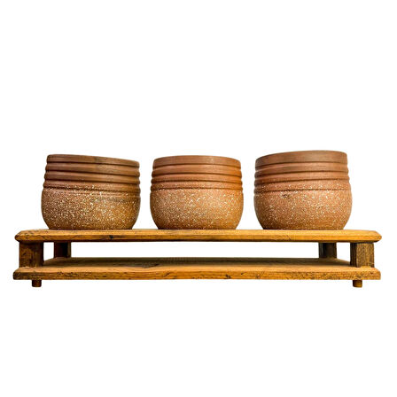 Bitki Tasarımı Ev dekorasyon Aksesuar Kahverengi Granit Efektli Çizgili Toprak Saksı Üçlü Ahşap Tabanlı Çiçeklik Saksı Saksılık