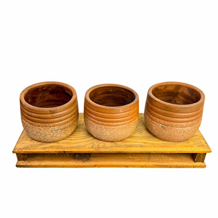 Bitki Tasarımı Ev dekorasyon Aksesuar Kahverengi Granit Efektli Çizgili Toprak Saksı Üçlü Ahşap Tabanlı Çiçeklik Saksı Saksılık