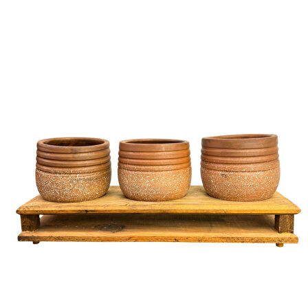 Bitki Tasarımı Ev dekorasyon Aksesuar Kahverengi Granit Efektli Çizgili Toprak Saksı Üçlü Ahşap Tabanlı Çiçeklik Saksı Saksılık