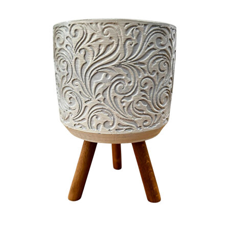 Bitki Tasarımı Ev dekorasyon Bej Çiçek Desen Ayaklı Beton Saksı Çiçeklik Saksılık