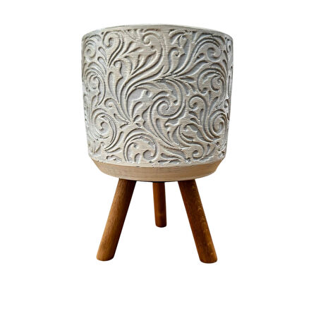 Bitki Tasarımı Ev dekorasyon Bej Çiçek Desen Ayaklı Beton Saksı Çiçeklik Saksılık