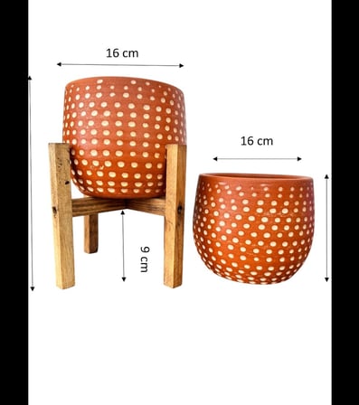 Bitki Tasarımı Nokta Desenli Terakota Saksı & Saksılık Dekoratif Salon Çiçekliği Ayaksız - 4 Ayaklı 15 CM