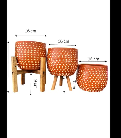 Bitki Tasarımı Nokta Desenli Terakota Saksı & Saksılık Dekoratif Salon Çiçekliği 3'lü Set 15 CM