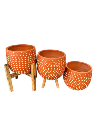 Bitki Tasarımı Nokta Desenli Terakota Saksı & Saksılık Dekoratif Salon Çiçekliği 3'lü Set 15 CM