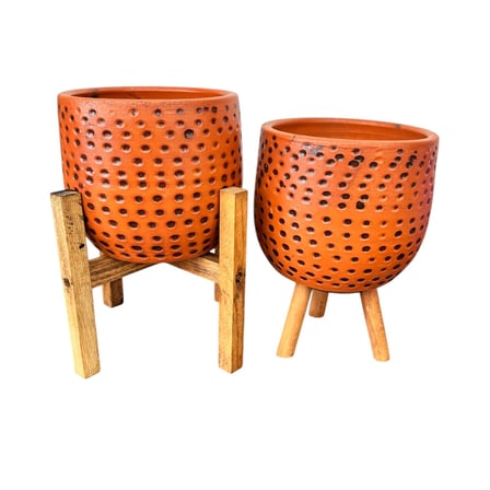 Bitki Tasarımı Siyah Nokta Desenli Terakota Saksı & Saksılık Dekoratif Salon Çiçekliği 3-4 Ayaklı 15 CM