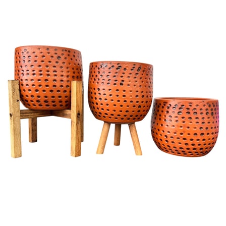 Bitki Tasarımı Siyah Nokta Desenli Terakota Saksı & Saksılık Dekoratif Salon Çiçekliği 3'lü Set 15 CM