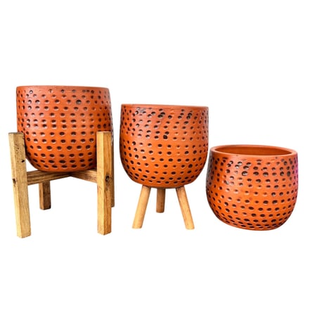 Bitki Tasarımı Siyah Nokta Desenli Terakota Saksı & Saksılık Dekoratif Salon Çiçekliği 3'lü Set 15 CM