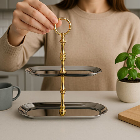 2 Katlı Kayık Tepsi Paslanmaz Çelik Sunumluk,Kurabiyelik,Makaronluk,Söz,Nişan Masa Aksesuarı,Çeyiz