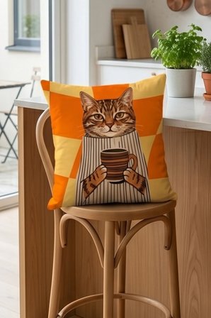 Kahve İçen Kedi Desenli Dekoratif Kırlent Kılıfı 43x43 cm Çift Taraflı Turuncu Damalı Zemin