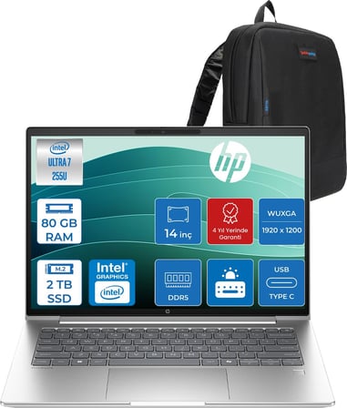 Hp Probook 4 G1I Intel Ultra7 255U 80GB Ddr5 2tb SSD Intel® Grafik IPS 300 Nits 14"inç 1920 x 1200 Freedos Taşınabilir Bilgisayar D03KGETF29+ZETTAÇANTA