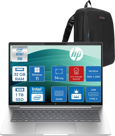 Hp Probook 4 G1I Intel Ultra7 255U 32GB Ddr5 1tb SSD Intel® Grafik IPS 300 Nits 14"inç 1920 x 1200 WIN11PRO Taşınabilir Bilgisayar D03KGETP13+ZETTAÇANTA