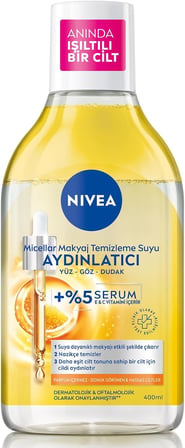 NIVEA Micellar Aydınlatıcı Makyaj Temizleme Suyu 400 ml,Suya Dayanıklı Makyajı Çıkarır,Ovalama Gerektirmez,Serum İçerikli,C Vitamini,E Vitamini,