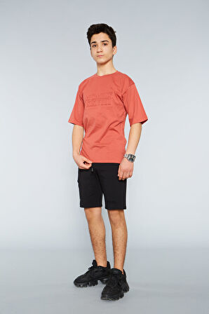 Erkek Çocuk  Genç Gofre Baskılı Bisiklet Yaka Tişört