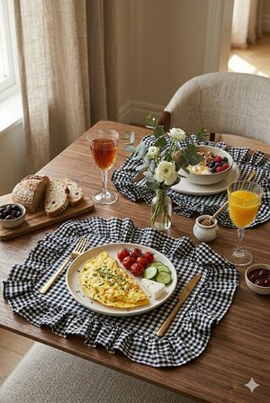 Homerest 6'lı Pötikare Amerikan Servis Seti Pamuklu Fırfırlı Kumaş Supla Bohem Sunum Tabak Altlığı