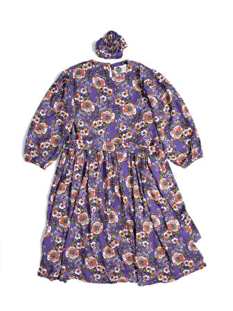 Büzgülü Kemerli ve Tokalı Genç Kız Pamuk Kumaş Elbise