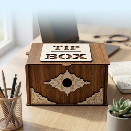 Ahşap Bahşiş Kutusu (Tip Box), Dekoratif Para Kutusu, Kilitli Tasarım, Kafe ve Restoran İçin
