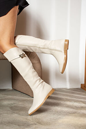 Günlük Kadın Diz Altı Çizme Alçak Topuklu Fermuarlı Tay Tüylü Astar Desenli Kaymaz Taban 2434