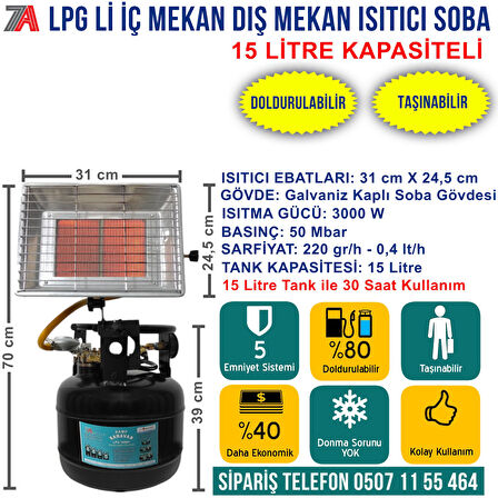 Taşınabilir Doldurulabilir Lpg li İç Mekan Dış Mekan Isıtıcı Soba 15 Lt