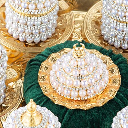 İncili ve Swarovski Taşlı Kahve Fincanı Takımı 6'lı Sarmaşık Altın