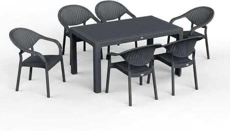 90 x 150 Bambu Plastik Rattan Camsız Bahçe Balkon Teras Masa Sandalye Takımı 6 Kolçaklı Sandalyeli (Antrasit)
