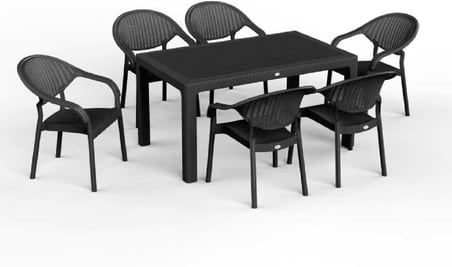90 x 150 Bambu Plastik Rattan Camsız Bahçe Balkon Teras Masa Sandalye Takımı 6 Kolçaklı Sandalyeli (Antrasit)