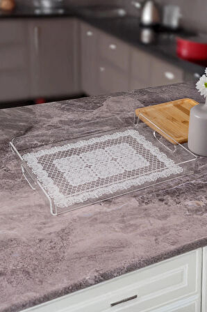 Dantel Desenli Pleksi Şeffaf Kahve Çay Sunum Servis Tepsisi 36CMX26CM
