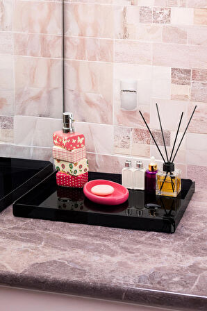Siyah Pleksi Çay Kahve Sunum Servis Tepsisi Ofis Masa Üstü Evrak Düzenleyici-Banyo Organizer 40x30cm